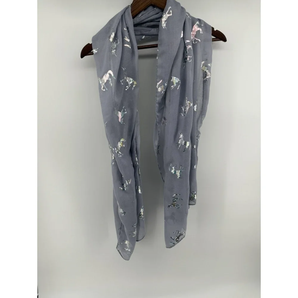 Ganz Grey Unicorn Scarf Iridescent Silver Foil Print Sheer Lightweight Wrap